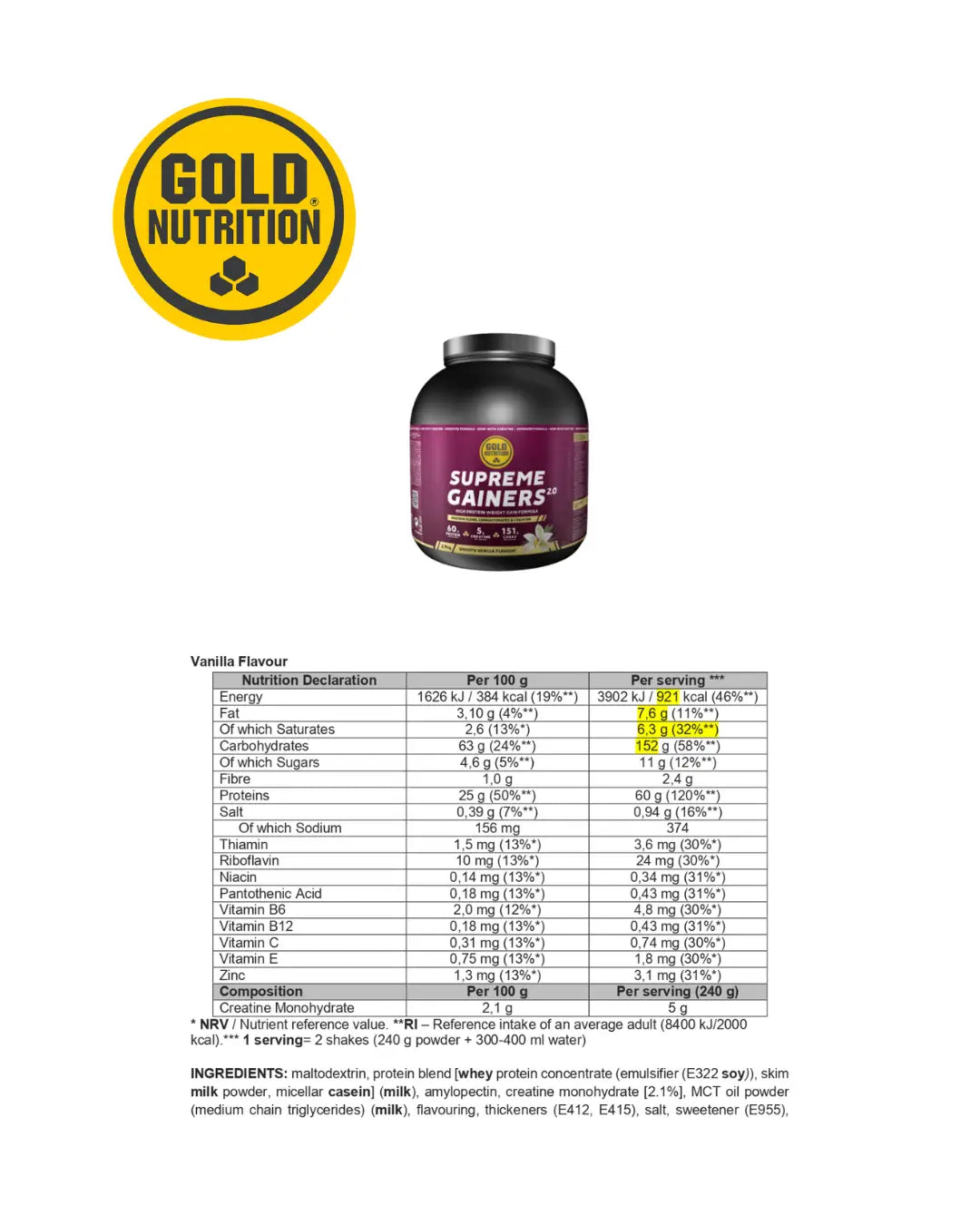 SUPREME GAINERS 2.9KG GoldNutrition.se